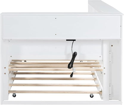 Bellemave Twin Corner Bed Frame with Trundle, Wood Twin Daybed with L-Shaped Bookcase，Daybed with Storage Cabinets, White