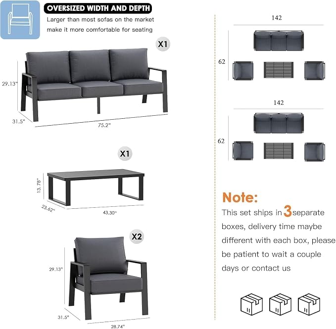 Aluminum Outdoor Patio Furniture Set, 4 Piece Sectional Coversation Sets with Coffee Table, Modern Outdoor Sofa Couch with Thick Cushions for Porch, Balcony, Garden, Dark Grey