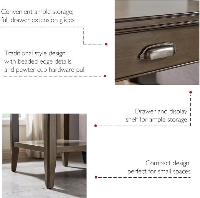 Leick Home Laurent End Table, Solid Wood, with Shelf and Drawer, Smoke Gray, 10507-GR