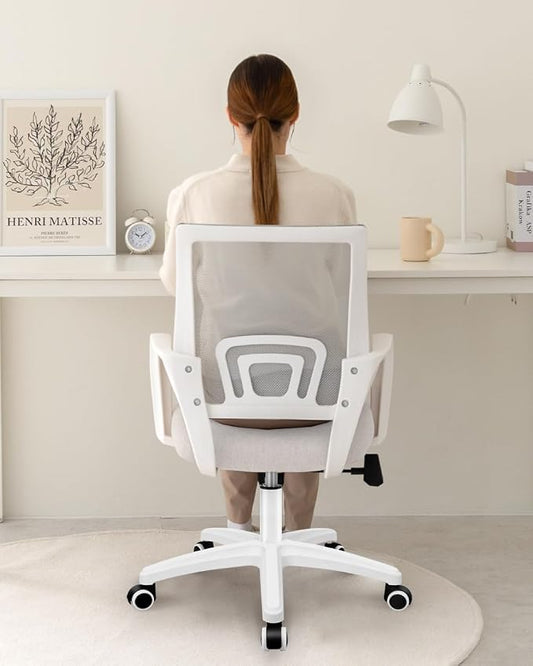 NEO CHAIR Office Desk Computer Chair Ergonomic Mesh Gaming Cushion Seat with Comfy Lumbar Mid Back Support Adjustable Height Swivel Rolling Wheels for Home Task (Ivory)