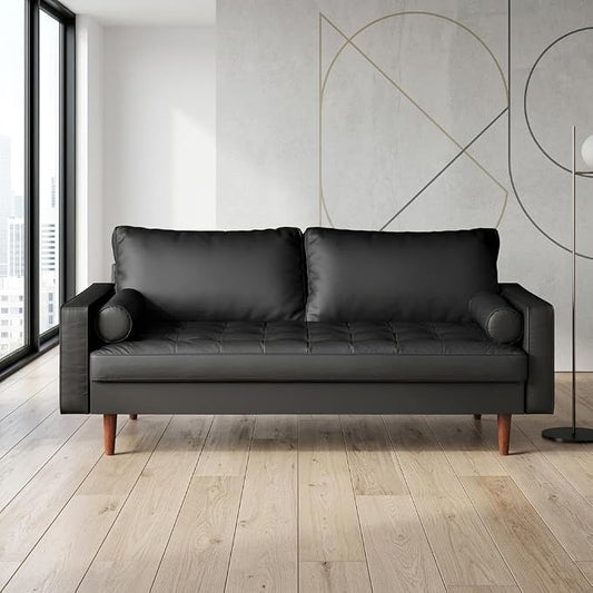 Container Furniture Direct Womble Mid Century Modern Couch with Bolster Pillows, PU Leather Upholstered Tufted Seat, Versatile Retro Design for Comfortable Living Spaces, Sofa