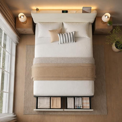 Queen Bed Frame with 2 Storage Drawers, Beige Velvet Upholstered | Platform Bed with Charging Ledge, LED Headboard Lighting, Metal Support, Noise Free, No Box Spring Needed, Easy Assembly