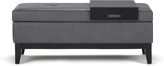 SIMPLIHOME Oregon Storage Ottoman Bench with Tray - 42 inch Wide Upholstered Vegan Leather Rectangle Storage Ottoman Bench in Stone Grey, Transitional Tufted Ottoman for Living Room with Lift-Up Lid