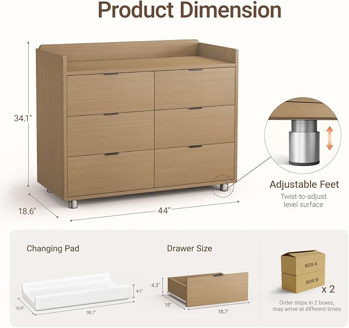 MAMAZING Keeva Pro 6-Drawer Baby Dresser with Changing Table, Easy Assembly | Walnut Wooden Nursery Dresser, Anti-Tip Design & Adjustable Feet, Dresser for Bedroom, Kids & Toddler Storage, 44" Wide