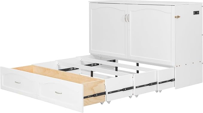 Ball & Cast Wall Bed Queen Size Murphy Beds with Drawer and a Set of Sockets,Multi-Functional Hideaway Cabinet w/USB Ports,Pulley Structure Design,Space Saving for Bedroom,Apartment,Studio,White