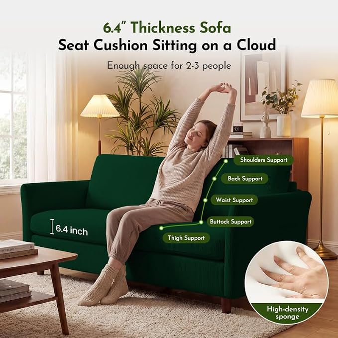 Valthie 61" Corduroy Loveseat Sofa, Modern Comfy Couches with Side Pocket, 2-Seater Sofa Couch for Living Room, Bedroom and Small Spaces,Green