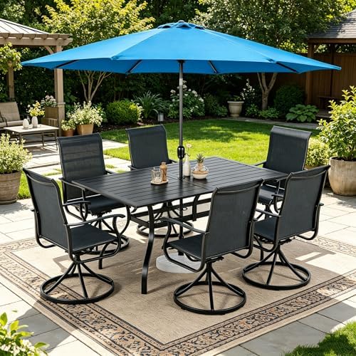 SUNCROWN 8-Piece Outdoor Dining Set, All Weather Patio Furniture Sets with 6 Black Swivel Textilene Mesh Chairs & Rectangular Metal Table & 1 Light Blue 9Ft Umbrella for Garden Backyard Poolside
