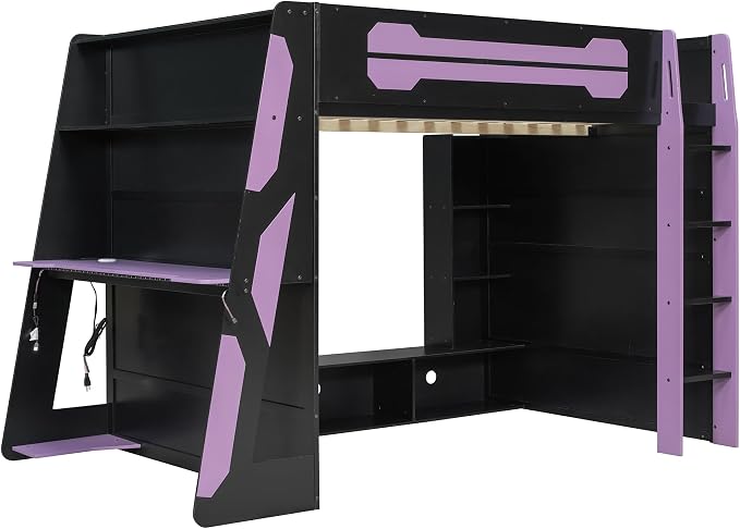 Merax Full Size Loft Bed with Desk, Multi-Storage Shelves and RGB Light | Space-Saving Wooden Gaming Bed Frame with Charging Station and Guardrail