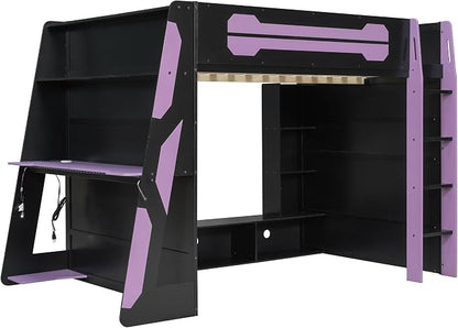 Merax Full Size Loft Bed with Desk, Multi-Storage Shelves and RGB Light | Space-Saving Wooden Gaming Bed Frame with Charging Station and Guardrail