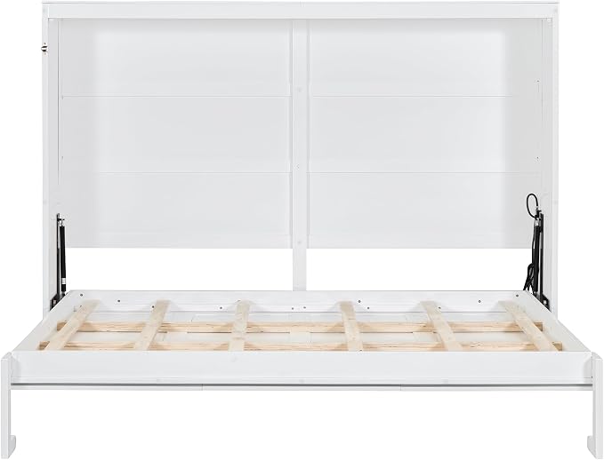 Ball & Cast Full Size Wall Cabinets Murphy Bed with Charging Station and Slat Support,Wood Hideaway Cabinet Platform Beds w/Leg & Lock,can be Folded,Space-Saving,for Small Room,Dorms,White