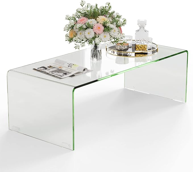 Tangkula Glass Coffee Table, 40"L × 19.5"W ×13.5" H, Modern Home Furniture, 0.5" Clear Tempered Glass End Table, International Occasion Tea Table, Waterfall Table with Rounded Edges (Clear)