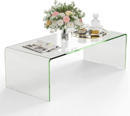 Tangkula Glass Coffee Table, 40"L × 19.5"W ×13.5" H, Modern Home Furniture, 0.5" Clear Tempered Glass End Table, International Occasion Tea Table, Waterfall Table with Rounded Edges (Clear)