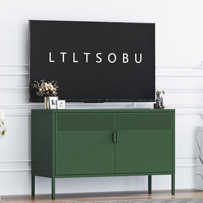 Metal Storage Locker Cabinet with 2 Doors & Adjustable Shelves, 25" Green Accent Furniture, Multipurpose Office Dresser or TV Stand for Home Entryway (Green, 25H)
