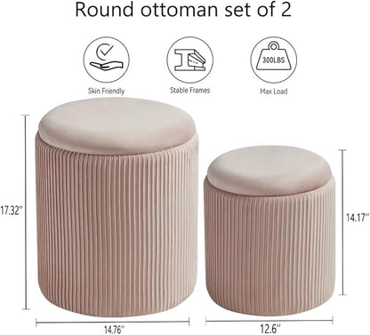 BLEXA Round Set of 2 Ottoman with Storage-Upholstered Velvet Vanity Stool for Makeup Multifunctional Ottomans Coffee Table Padded Seat Foot Rest for Living Room&Bedroom(Pink)