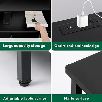 27 Inch LED Nightstand with Charging Station, 2 Drawers, Black | Solid Wood and Steel Frame, 2 AC Outlets, 2 USB Ports, RGB App Control, Open Storage, Adjustable Feet, for Bedroom or Office
