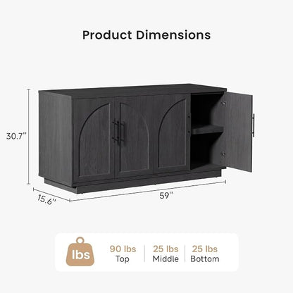 Arden Collection Home Storage & Bar Cabinet Set, 4 Door Cabinet with Matching Wine Cabinets and Storage Drawers, Modern Wood Grain Furniture System for Dining Room and Entertaining Spaces,Black Grey