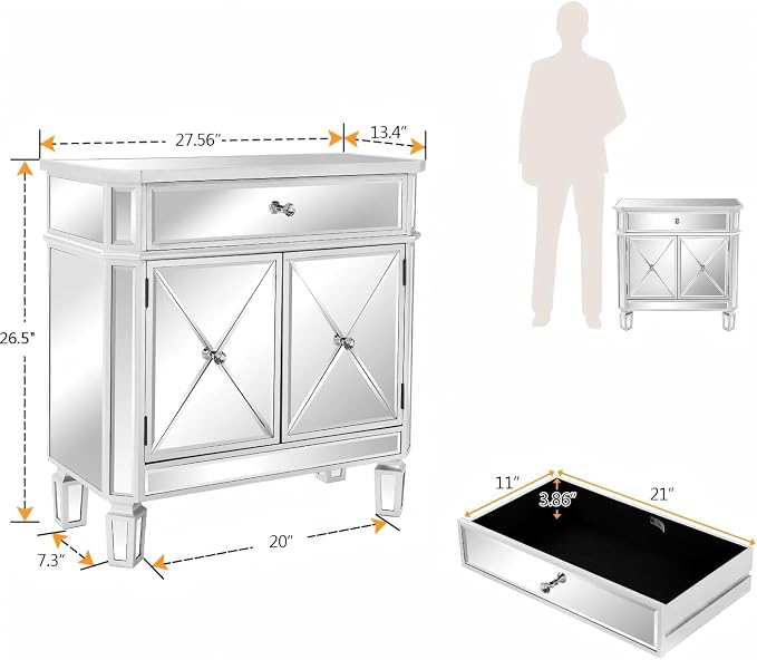 VINGLI Mirrored Cabinet, Mirrored Nightstand, Mirrored Dresser Accent Chest, Large Mirror Nightstand with 1 Drawer and Two Doors, 27.5”W x 13.4”D x 26.5”H, Mirror