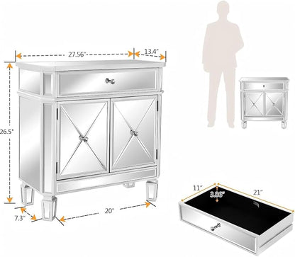 VINGLI Mirrored Cabinet, Mirrored Nightstand, Mirrored Dresser Accent Chest, Large Mirror Nightstand with 1 Drawer and Two Doors, 27.5”W x 13.4”D x 26.5”H, Mirror