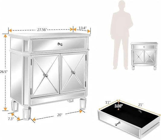 VINGLI Mirrored Cabinet, Mirrored Nightstand, Mirrored Dresser Accent Chest, Large Mirror Nightstand with 1 Drawer and Two Doors, 27.5”W x 13.4”D x 26.5”H, Mirror