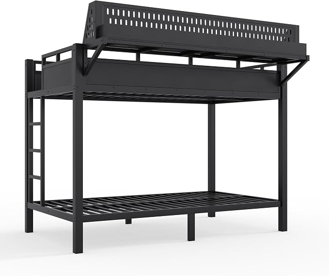 Bellemave Bunk Bed Twin XL Over Twin XL，Metal Bunk beds with Storage Shelves USB Ports and LED Lights, Black
