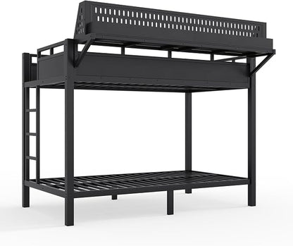 Bellemave Bunk Bed Twin XL Over Twin XL，Metal Bunk beds with Storage Shelves USB Ports and LED Lights, Black