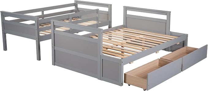 Twin Over Full Bunk Beds with 2 Under Bed Storage Drawers, Stronger & More Stable Bunkbed, Gray