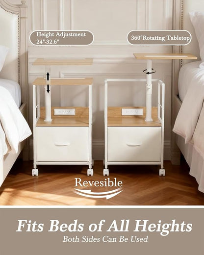 Faesun Swivel Lift Top Nightstand with Charging Station, Rolling Side Table for Recliner, Bedside Table with Wheels & a Fabric Drawer, for Small Spaces, for Bedroom, Living Room, Oak White