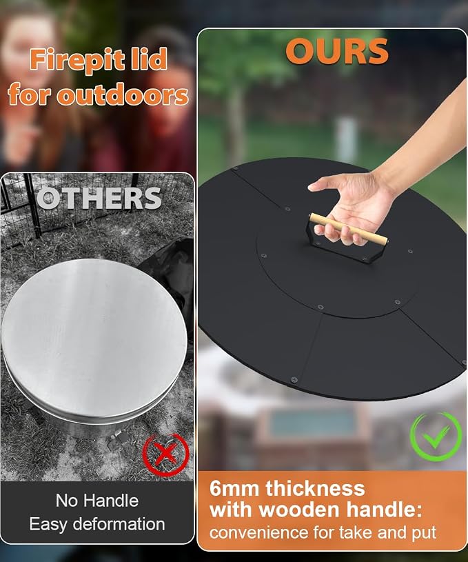 24" Wooden-Handle Fire Pit Lid for Pits up to 22", Round Metal Bonfire Pit Burner Pan Cover, Smokeless Fire Pit Cover for Fire Tables, All-Weather Resistance Outdoor Firepit Accessory