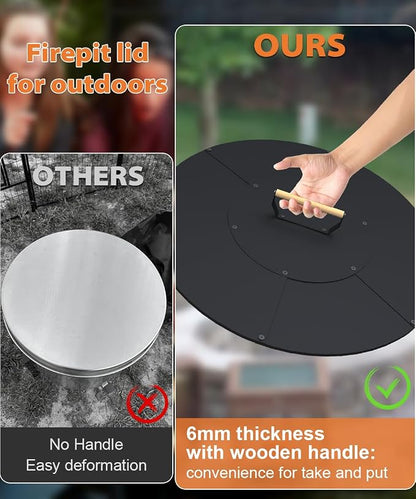24" Wooden-Handle Fire Pit Lid for Pits up to 22", Round Metal Bonfire Pit Burner Pan Cover, Smokeless Fire Pit Cover for Fire Tables, All-Weather Resistance Outdoor Firepit Accessory