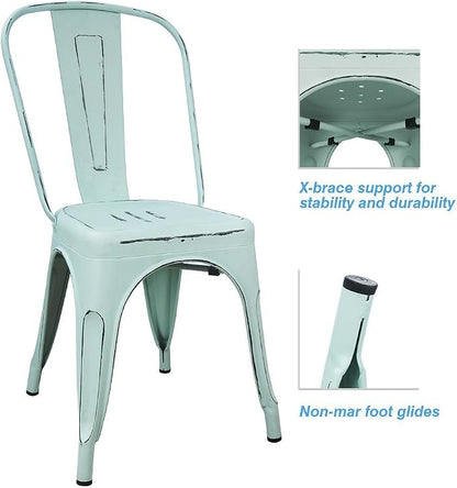 Devoko Metal Indoor-Outdoor Chairs Distressed Style Kitchen Dining Chairs Stackable Side Chair with Back Set of 4 (Blue)