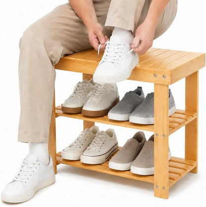 Shoe Rack Bench, 3-Tier Shoe Storage Organizer for Entryway , Shoe Shelf for Small Spaces, Multi-Functional Side Table Plant Stand, Shoe Stand for Bedroom, Living Room, Closet, Front Door, Natural