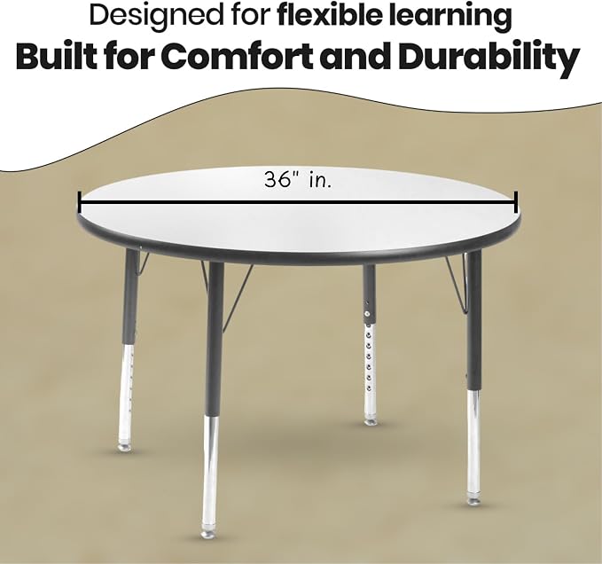 Schooled Round Activity Kids Table About 36 inch (90cm) - Height Adjustable Legs - Durable Spray Edge - for Commercial Spaces