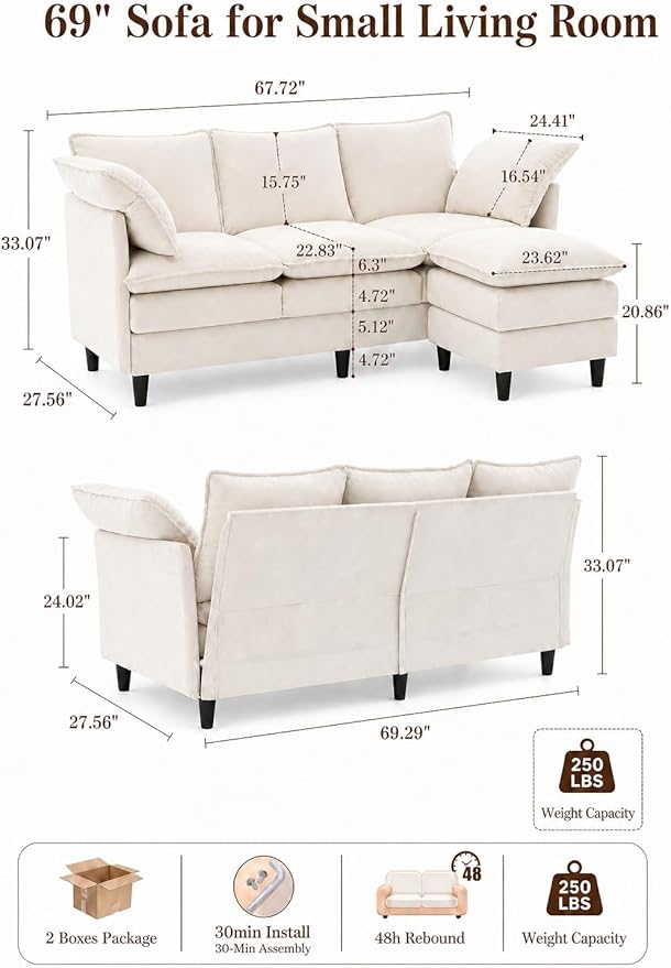 Convertible Sectional Sofa, 69" Small Cloud L-Shaped 3-Seat Couch with Movable Ottoman & Curved Armrest, Modern Chenille Fabric for Living Room, Apartment and Small Space, Beige