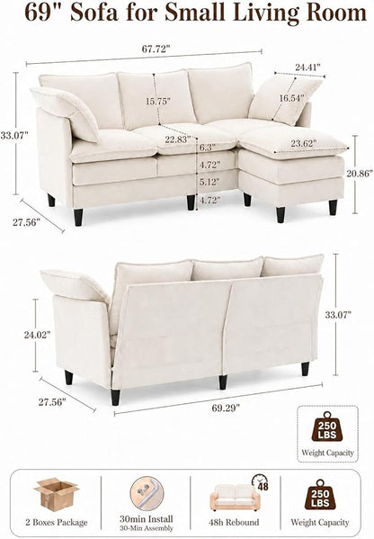 Convertible Sectional Sofa, 69" Small Cloud L-Shaped 3-Seat Couch with Movable Ottoman & Curved Armrest, Modern Chenille Fabric for Living Room, Apartment and Small Space, Beige