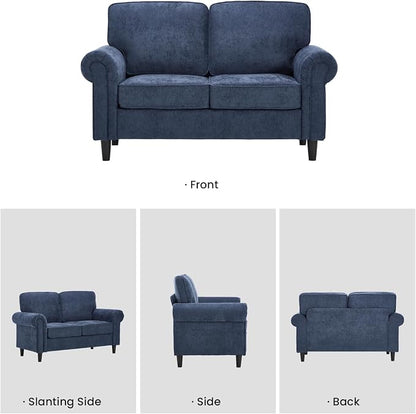 Kingfun Loveseat 2 Seater Couch, Mid Century Modern Chenille Sofa with Rolled Arms and Deep Seats, Fluffy Comfort for Living Room, Apartment, Easy Assembly, Blue