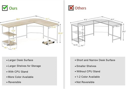 Teraves Reversible L Shaped Desk with Large Surface, 69 Inch Sturdy Corner Desk with Storage Shelves, Premium Office Computer Desk Workstation for Home Office Gaming