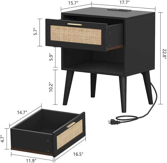 Keehusux Rattan Nightstands Set of 2, Night Stands with Charging Station & Drawer, Bedside Tables with Open Storage & Solid Wood Legs, Boho End Side Table for Bedroom, Black and Natural KES07BME02CTG