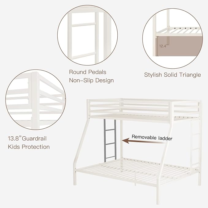 ikalido Metal Loft Bunk Bed Twin Over Full Size with Landder, Cream White | Safety Guardrail,No Box Spring Needed, Space Saving Bedroom Furniture