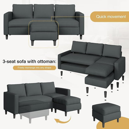 JAMFLY 3-Seat Reversible Sectional Sofa with Convertible Ottoman, Modern Ribbed Fabric L-Shaped Couch for Living Room, Small Apartment & Office, Easy Tool-Free Assembly, Grey