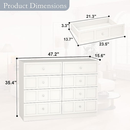 8 Drawer Dresser for Bedroom: 47" White Wide Tall Dressers for Bedroom, Modern Fluted Dresser with Deep Drawers, Wooden Chest of Drawers for Living Room