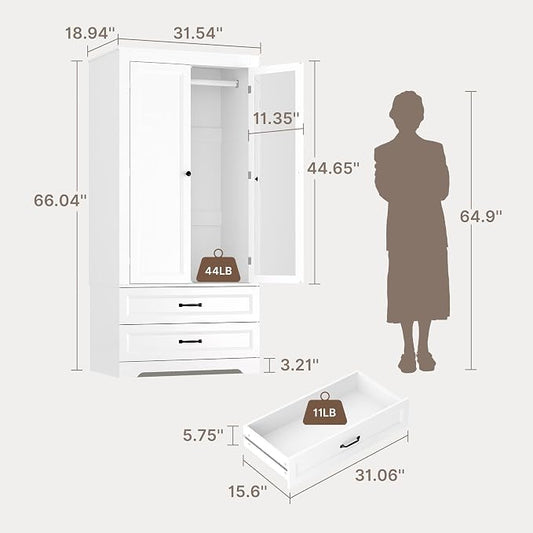 Gizoon Wooden Armoire Wardrobe with Full-Length Mirror & 2 Drawers, 2 Doors, Hanging Rod, Anti-tip, Adjustable Mirror Position (Left/Right), freestanding Wardrobe for Bedroom, White