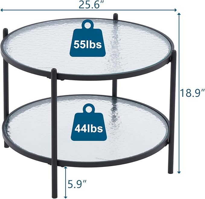 VINGLI 25.6" Small Matte Black Round Coffee Table Water-Wave Glass Circle Clear Coffee Table, Center Table with 2-Tier Modern Storage Design for Living Room, Bedroom, Meeting Room, Balcony, Patio