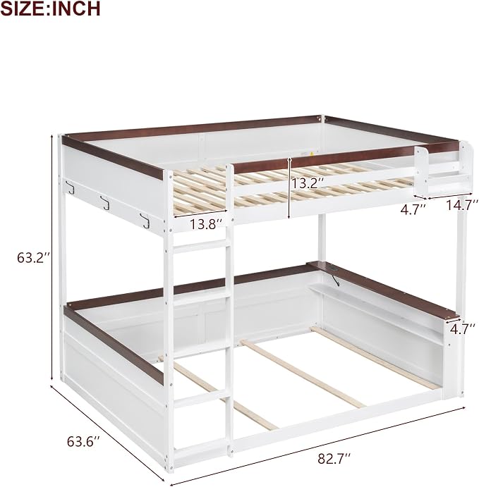 RUNNA Queen Bunk Bed with Shelves,Storage Box,LED,USB Charging,White | Queen bunk bed with shelves, storage box,LED light,USB charging, solid wood frame,guardrails,no box spring needed,white