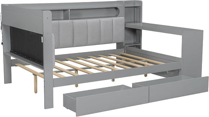 Bellemave Full Size Upholstered Daybed with Desk and Drawers and USB/LED Belt, Corner Bed with Trundle, L-Shape daybed for Bedroom Living Room, Gray（Linen）