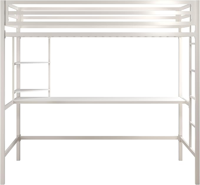 Novogratz Maxwell Metal Twin Loft Bed with Desk & Shelves, Off White/Off White