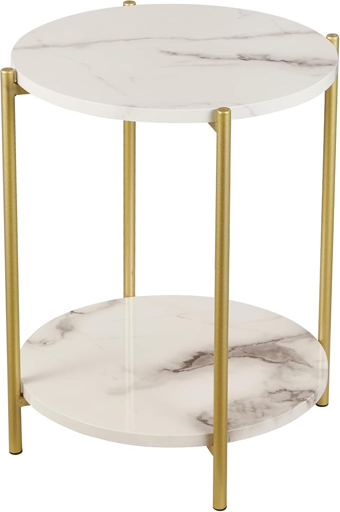 Gawicpy 2 Tier Round Side Table, Folding End Tables Coffee Table Simplistic Sofa Table Waterproof Removable Tray Table Indoor Outdoor Accent Table for Living Room Bedroom (Faux Marble White, 1pcs)