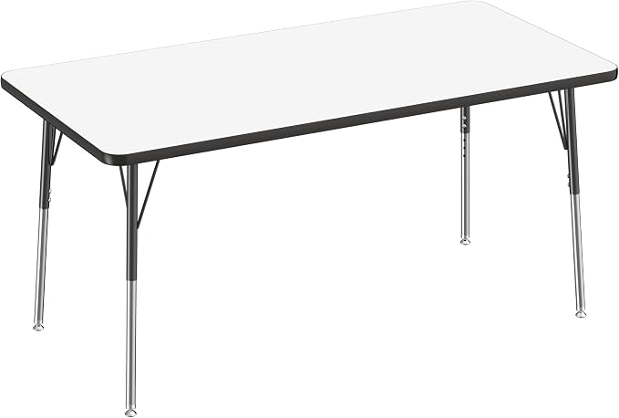 FDP Dry-Erase Rectangle Activity School and Office Table (30 x 60 inch), Standard Legs with Swivel Glides, Adjustable Height 19-30 inches; Quick Ship Single Box - Whiteboard Top and Black Edge
