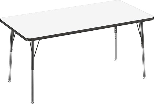 FDP Dry-Erase Rectangle Activity School and Office Table (30 x 60 inch), Standard Legs with Swivel Glides, Adjustable Height 19-30 inches; Quick Ship Single Box - Whiteboard Top and Black Edge