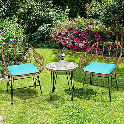 Tangkula 3 Pieces Patio Conversation Bistro Set, Outdoor Wicker Furniture w/Round Tempered Glass Top Table & 2 Rattan Armchairs, Bistro Chat Set w/Seat Cushions for Porch, Backyard, Garden