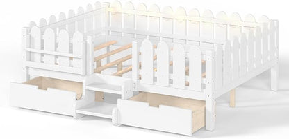 Bellemave Queen Size Montessori Bed with Stairs, Lights, Rails and Slats, Queen Size Montessori Floor Bed with Bookshelf and 2 Storage Drawers, Easy Assemble Beds Frame for Girls, Boys, White